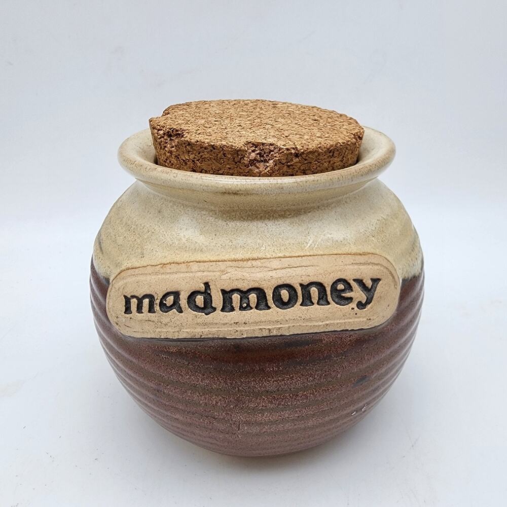 Vtg Mad Money Savings Jar Glazed Stoneware Cork Lid Brown Cream Gargen Ridge 5"